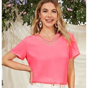 SHEIN Pink Short Sleeve Mesh Insert Solid Top S
